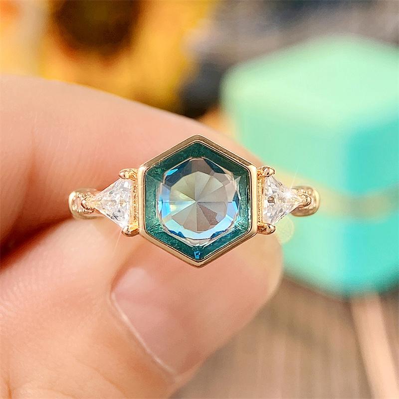 Huitan Bohemia Style Blue Cubic Zirconia Women's Rings Luxury Gold Color Band Sparkling Finger Accessories for Party New Jewelry
