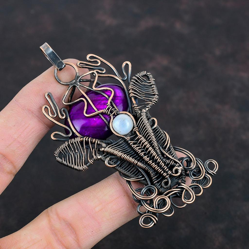 Purple Fire Labradorite Pendant Copper Wire Wrapped Gemstone Pendant Rainbow Moonstone Pendant Deer Face Pendant Handmade Jewelry For Gifts