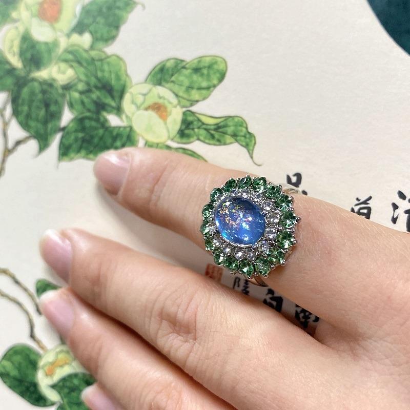 Luxury Diamond Inlaid Sea Blue Opal Earrings Female Ins Oval Elliptic Earrings French Premium