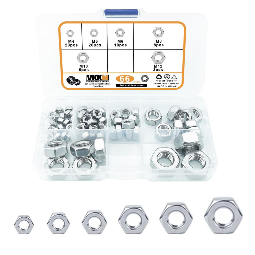 Metric Hexagon Nut Set, DIN M4 M5 M6 M8 M10 M12 Stainless Steel Hexagon Nuts 66 Pieces