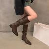 Coarse Heeled Wrinkled Pile Long Knight Boots Women's Shoes  New Spring and Autumn Western Slim Mid Length Boots