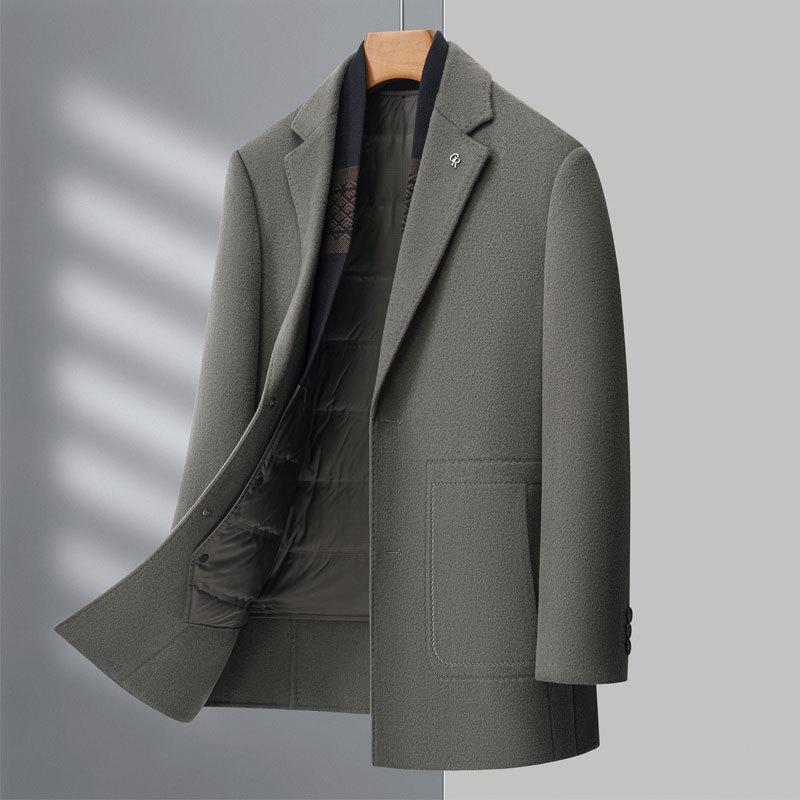Двустороннее шерстяное пальто для мужчин, зимнее утепленное пальто средней длины со съемным пуховым вкладышем
