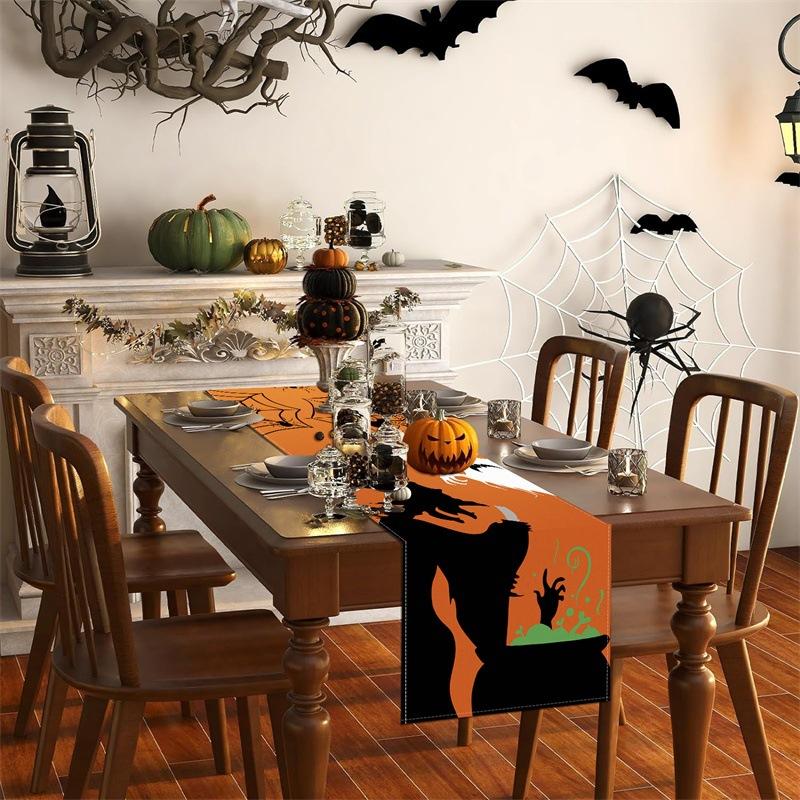 1pc Orenge Halloween Table Runner Witch Spider Web Tablecloth Dustproof Reusable Table Runner Halloween Dining Room Decoration