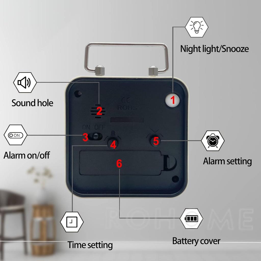 3,5-дюймовый винтажный аналоговый бесшумный будильник с функцией повтора сигнала, не тикающий, небольшой квадратный прикроватный будильник для стола, гостиной