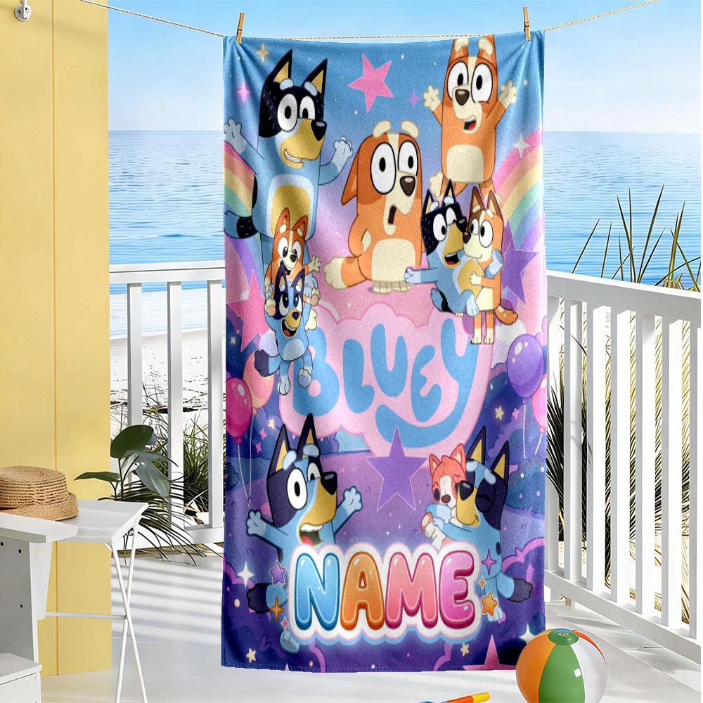 Bluey Friends Adventure Customized Name Beach Towel Quick-Dry Soft Microfiber Perfect for Traveling Yoga Camping and Swimming