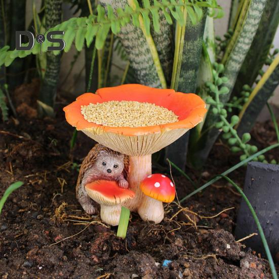Кормушка для птиц в виде гриба из смолы, статуэтка ежа с чашей в виде гриба, украшение для сада, кормушка для птиц для открытого патио, газона, двора