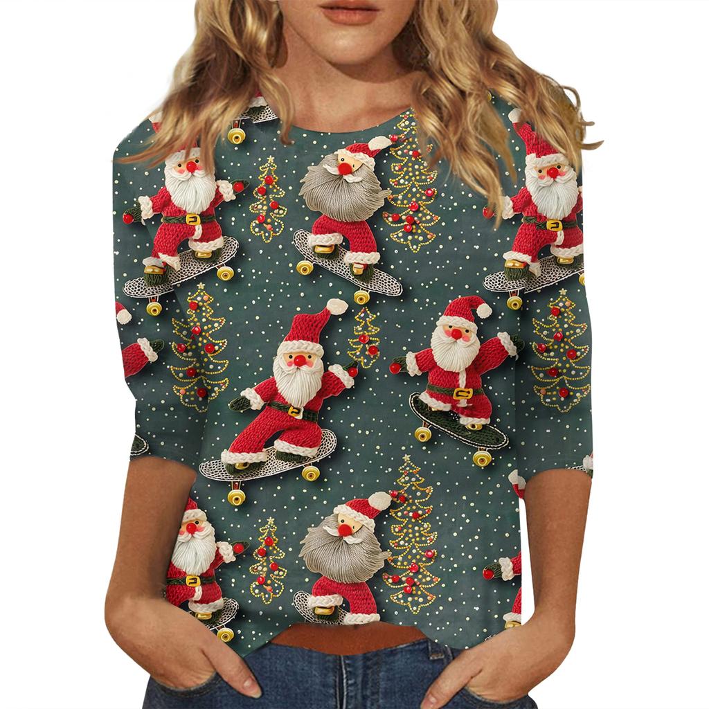 Женская модная повседневная футболка с рукавом три четверти и рождественским принтом, с круглым вырезом