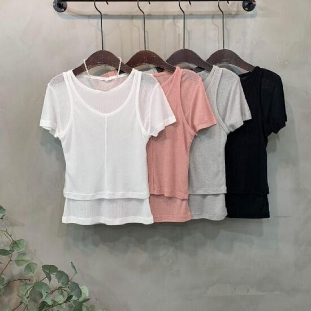 C S In The Room Women Mipo Ribbed CuT lIne Layered T ShirT SeT 4Color