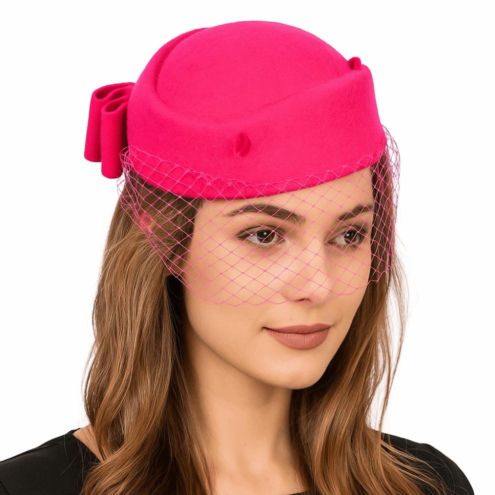 British Style Pillbox Hat Solid Color Topper Hat Elegant Wool Bow Hat with Veil  Bride
