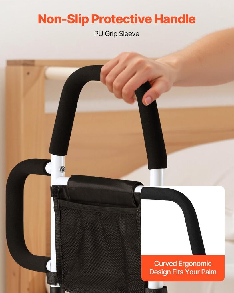 Bed Rail for Elderly, Bedside Assist Rails with Side Handle and PU Handrail, Adjustable Height Carbon Steel Pipe Bedside Cane, Bed Bars for Seniors &