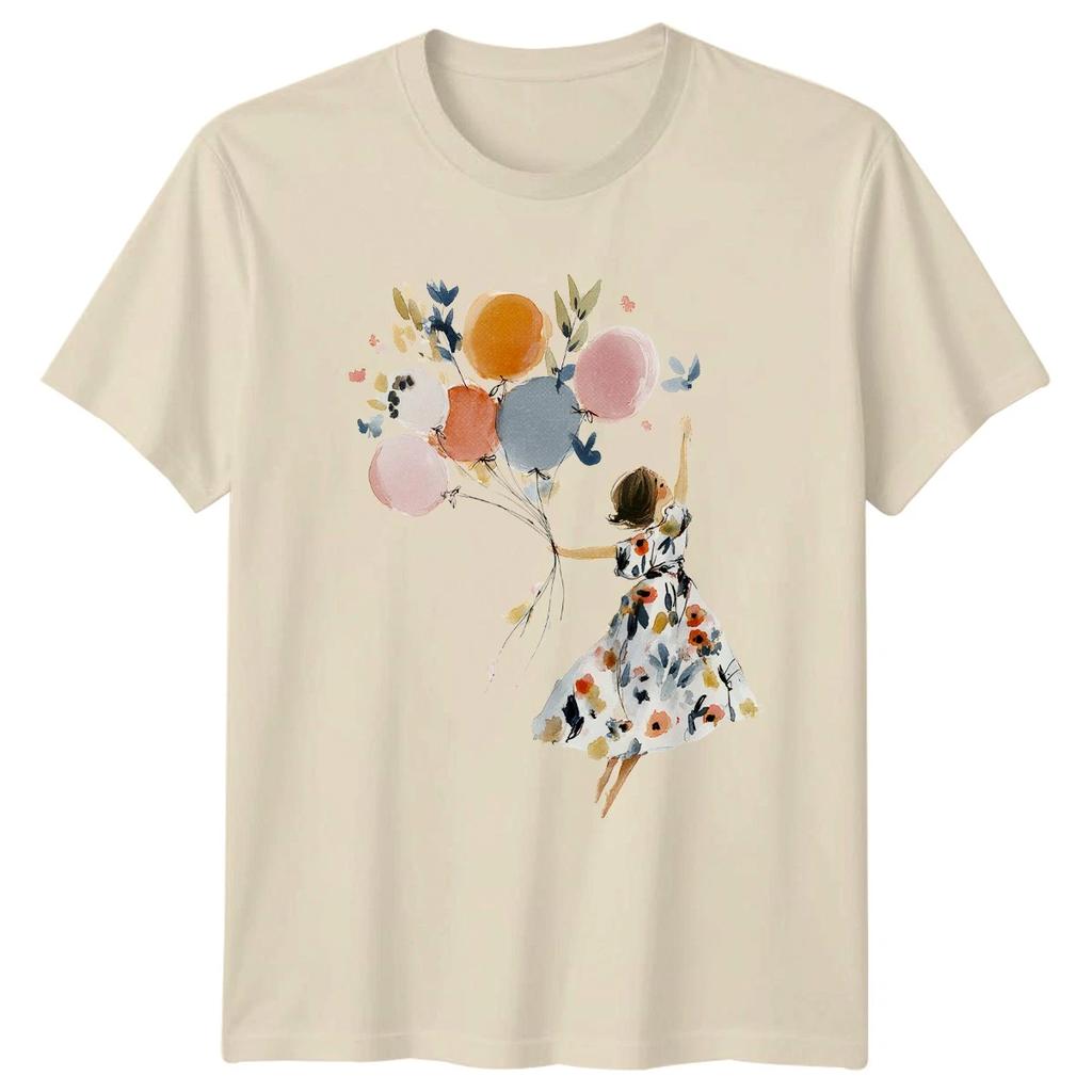 Watercolor Art Woman Holding Balloons Womens T-Shirt Floral Design Celebration