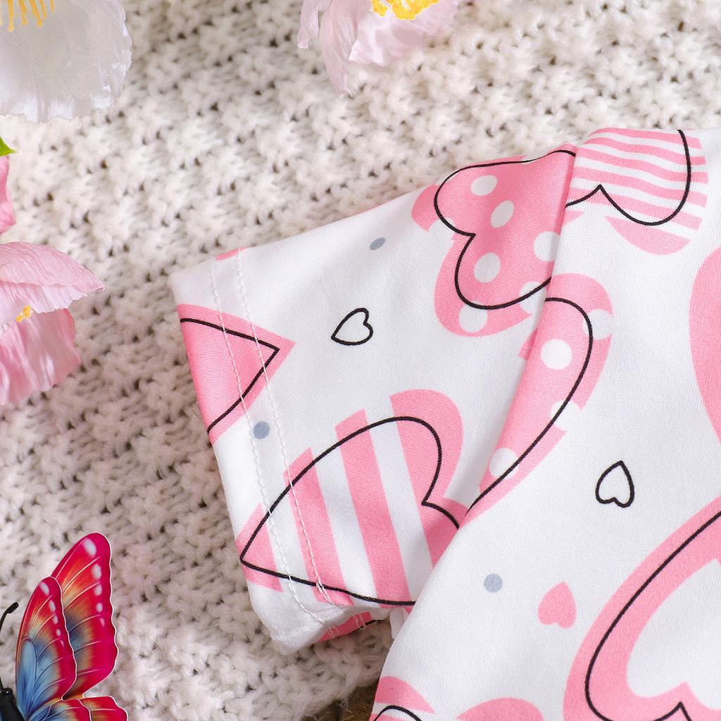 Infant Baby Girl Cute Heart Print Short Sleeve Casual Style Jumpsuit