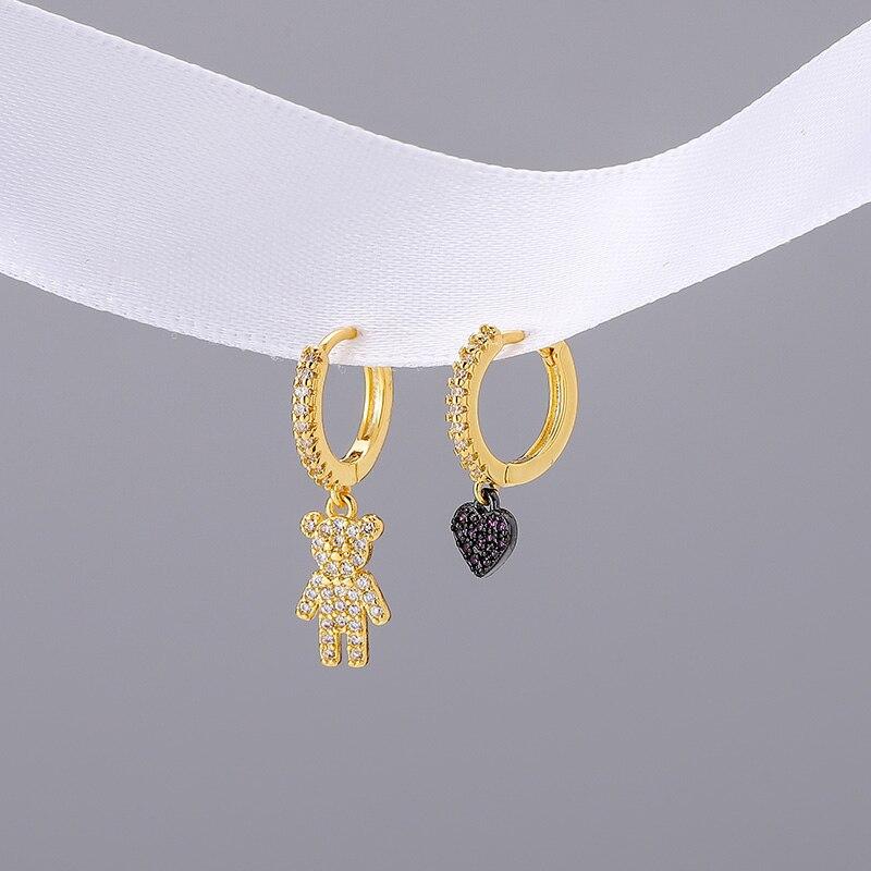 Серьги-кольца из стерлингового серебра 925 пробы с микроцирконом и медвежьим сердечком, женские милые легкие роскошные асимметричные ювелирные изделия ручной работы