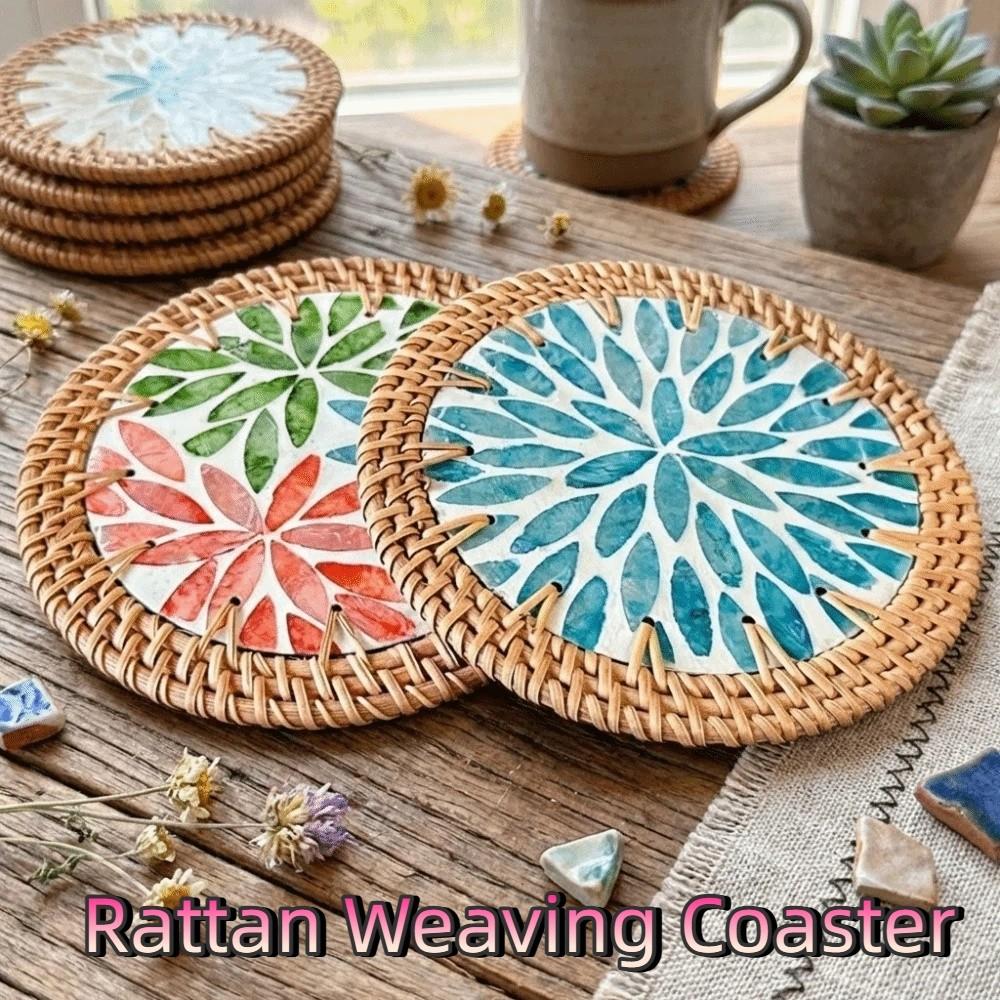 Round Rattan Weaving Coaster Handwoven Tea Cup Mats Tea Ceremony Shell Mats Home Decor