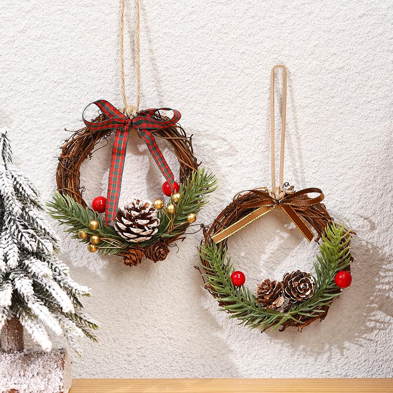 Рождественская гирлянда из ротанга, кольцо из ротанга, подвесные украшения для дверей, гирлянда из сосновых шишек, украшение для дома, праздничная сцена