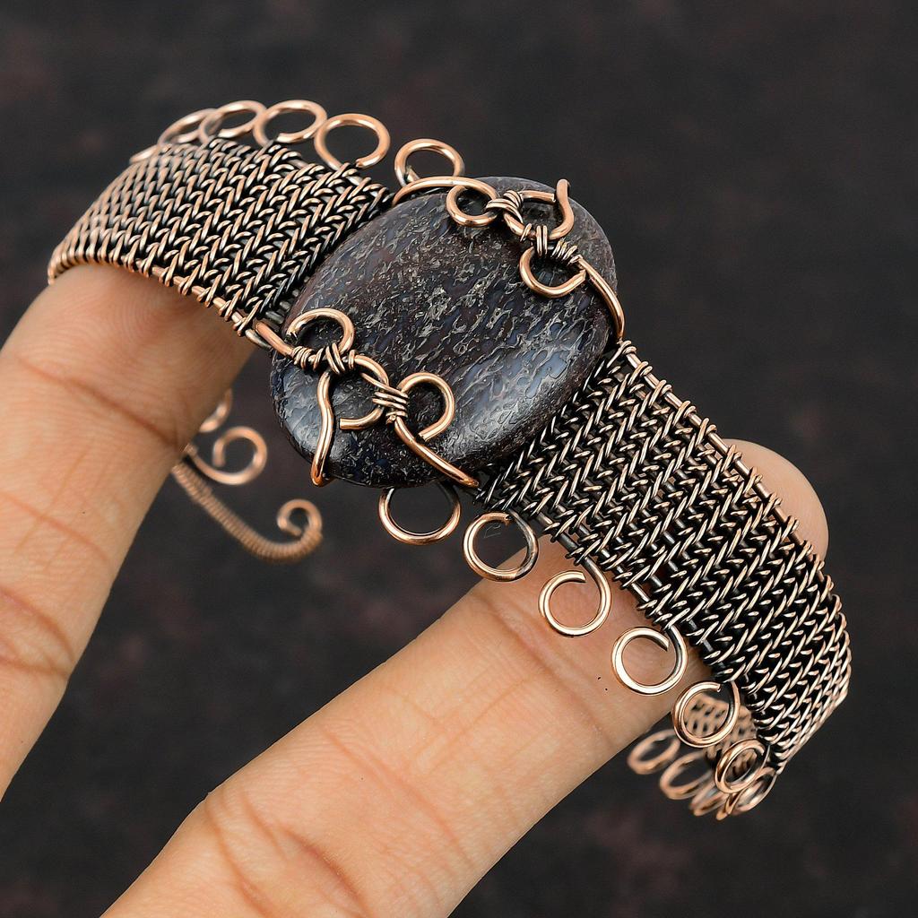 Браслет-манжета из кости динозавра, браслет из медной проволоки, регулируемый браслет-манжета, браслет из драгоценных камней, медная проволока ручной работы, ювелирное изделие, подарок для мамы