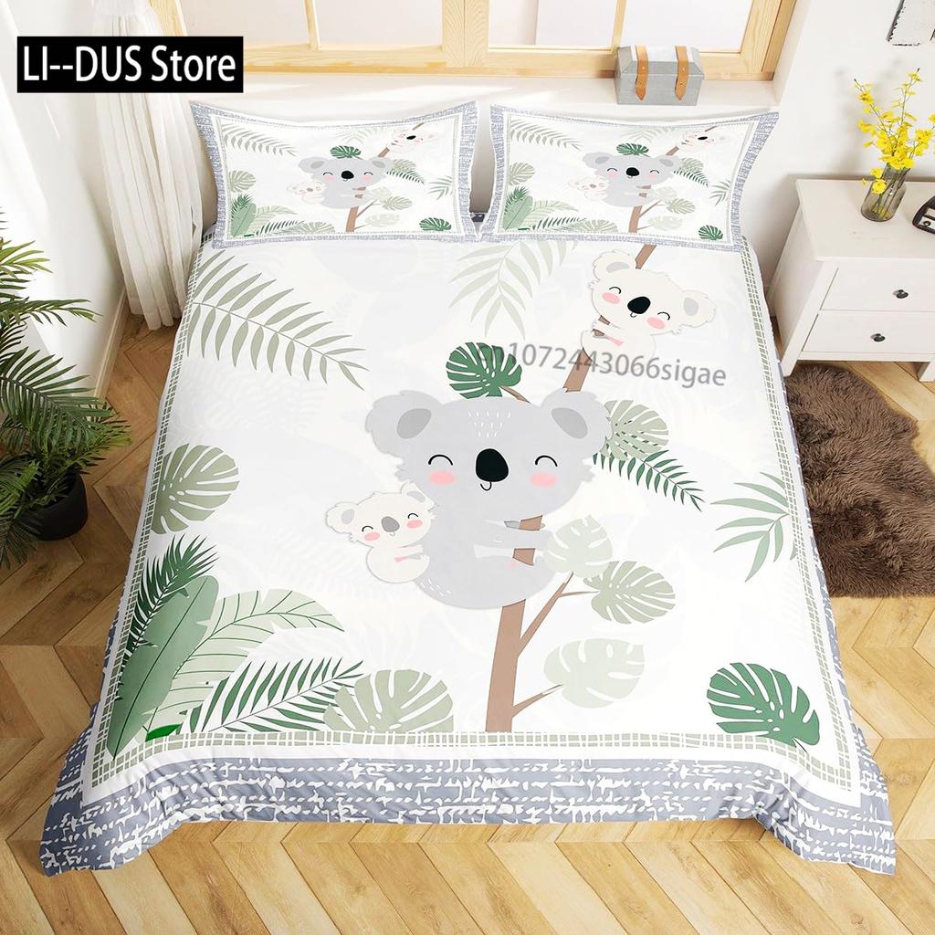 Kawaii Koala Bedding Set Full Size For Kids Boys GirlsCartoon Animal Comforter Set Quilt Duvet Green Leaves Bedroom Decor 3pcs