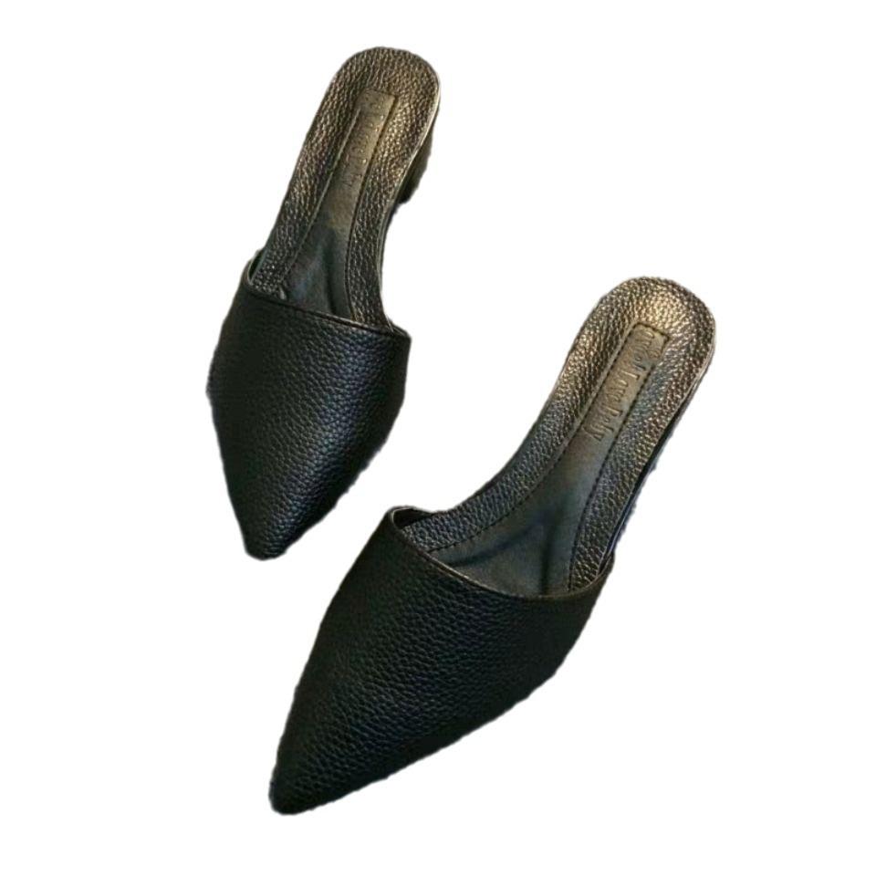 Мягкая кожа удобная заостренная голова сумка голова толстый каблук Интернет знаменитости тапочки женская летняя одежда плоский каблук перетаскивание сандалии сандалии f