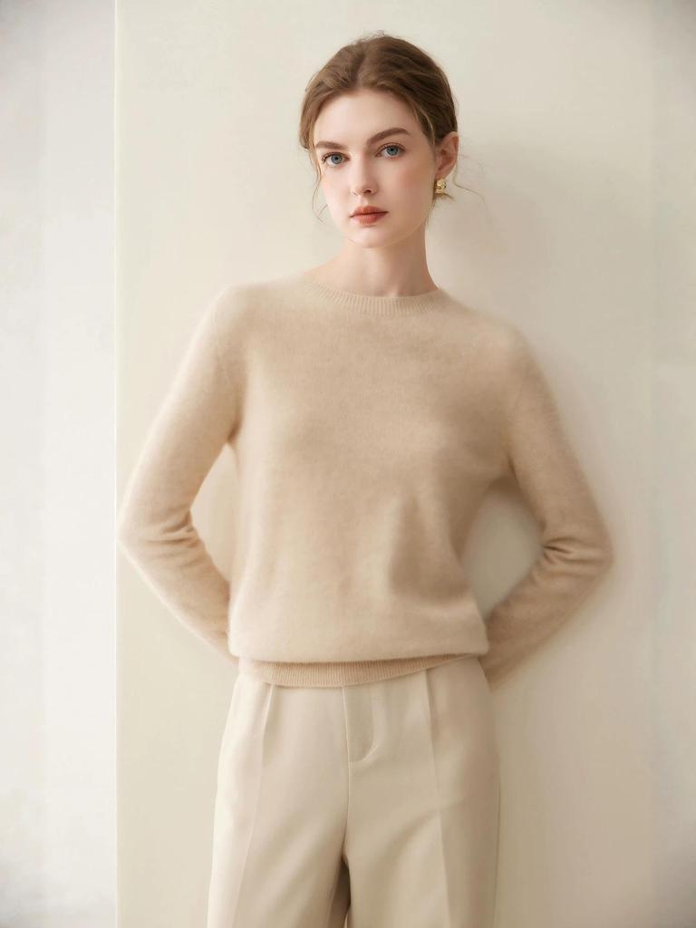 Women's Elegant Loose-Fit Pure Cashmere Sweater - Round Neck Seamless Knit, Autumn/Winter 2026 Collection