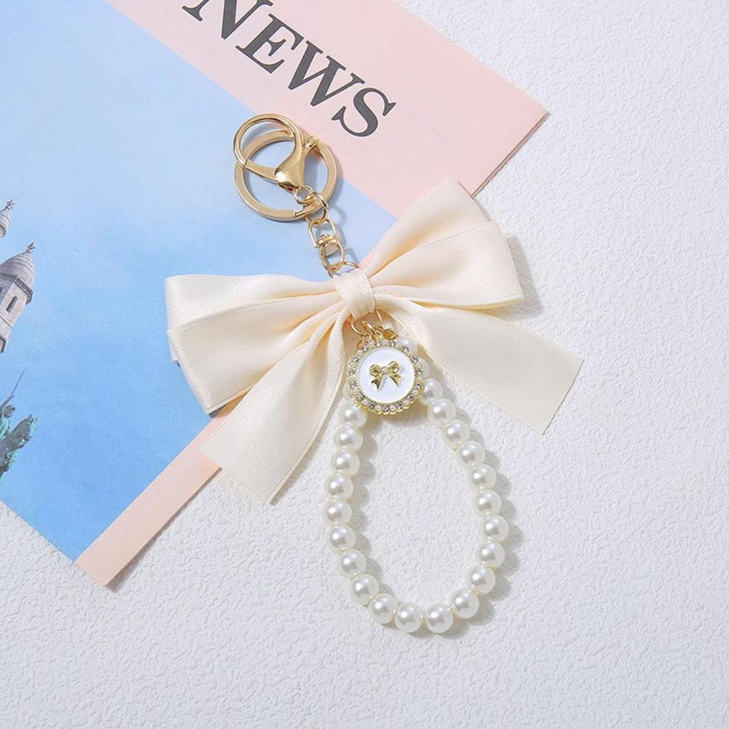 Bowknot Keychains Women's Pearl Chain Big Bow Tie Tote Hanging Ornament Bag Decorations DIY Headphone Case Accessories Kit Chain
