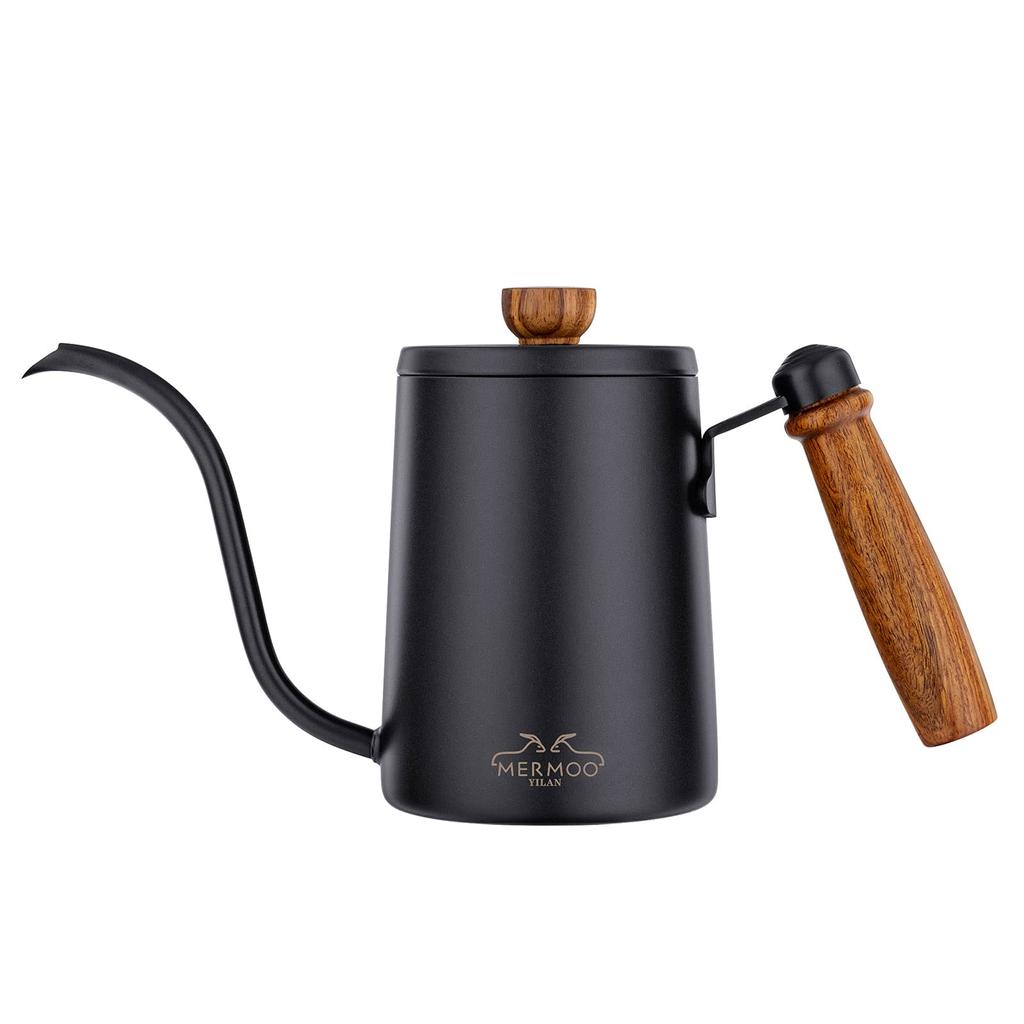 MERMOO YILAN Coffee Pot Drip Pot Kettle Narrow Mouth 600ML Wooden Pattern Camping Coffee Drip Utensil Coffee Pot Coffee Maker Pot Coffee Tool (Black)