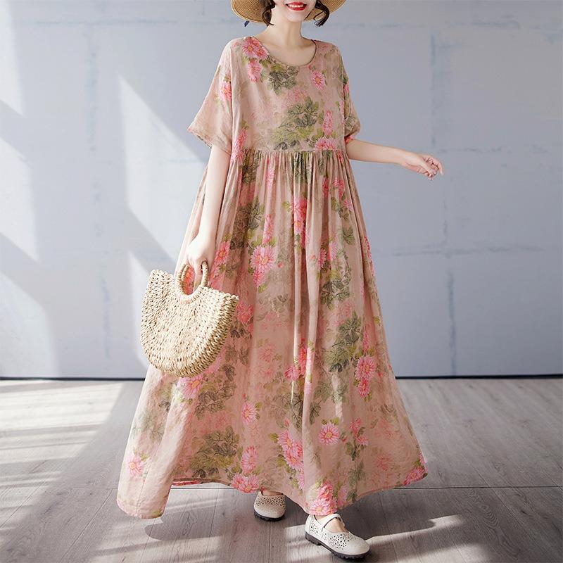 Простое богемное длинное платье лето новое полнящее плюс короткий рукав круглый вырез платье с принтом женская одежда