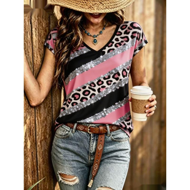 Womens V-Neck Short Sleeve Loose T-Shirt With Colorful Polka Dot Print Casual Oversized Top Daily Wear