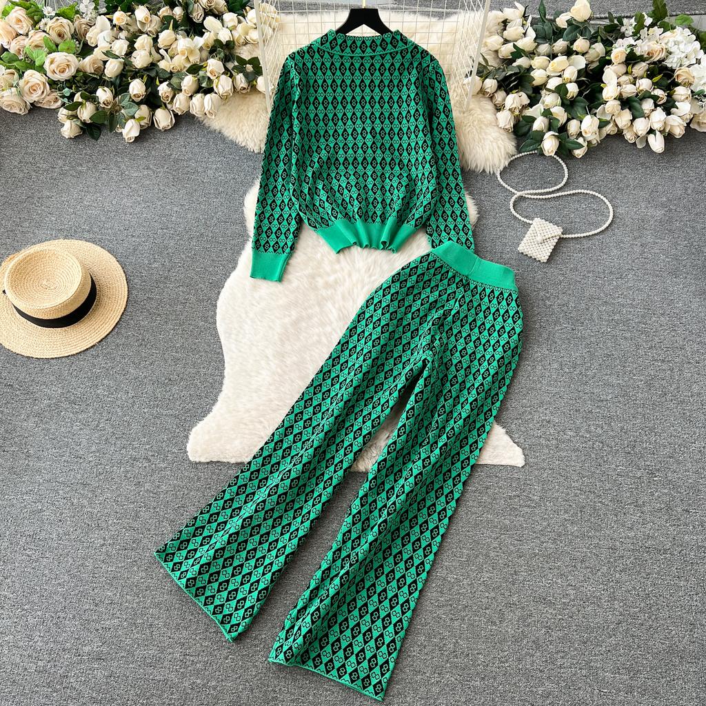 European Style Retro Casual Printed Turtleneck Sweater for Women with High Waisted Elastic Long Pants Fashion Two-pieces Suit