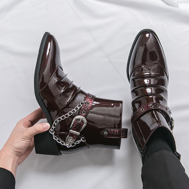 Мужские ботинки с высоким голенищем из ПУ с острым носком, украшенные цепочкой, модные классические мужские ботинки, размеры 38-46
