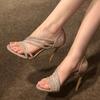 Summer Fashion Sequined Rhinestone Women Sandals Crystal Narrow Band Open Toe Pink High Heels Wedding Prom Shoes Size 40