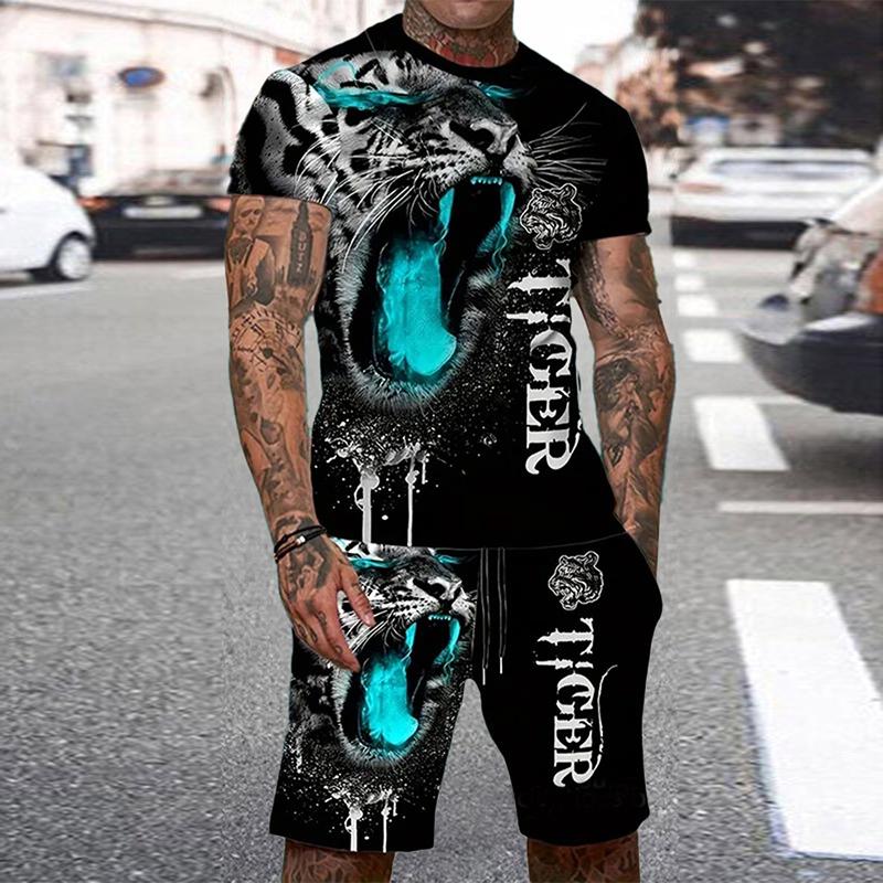 Летний мужской комплект с короткими рукавами и шортами с круглым вырезом, повседневная футболка с принтом тигра в 3D, крутой персонализированный уличный комплект, мужская спортивная одежда