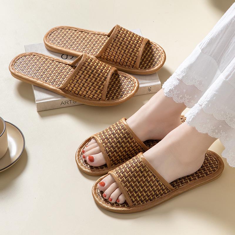 Женские и мужские нескользящие тапочки из ротанговой травы и льна для домашнего использования - идеально подходят для лета и любого сезона