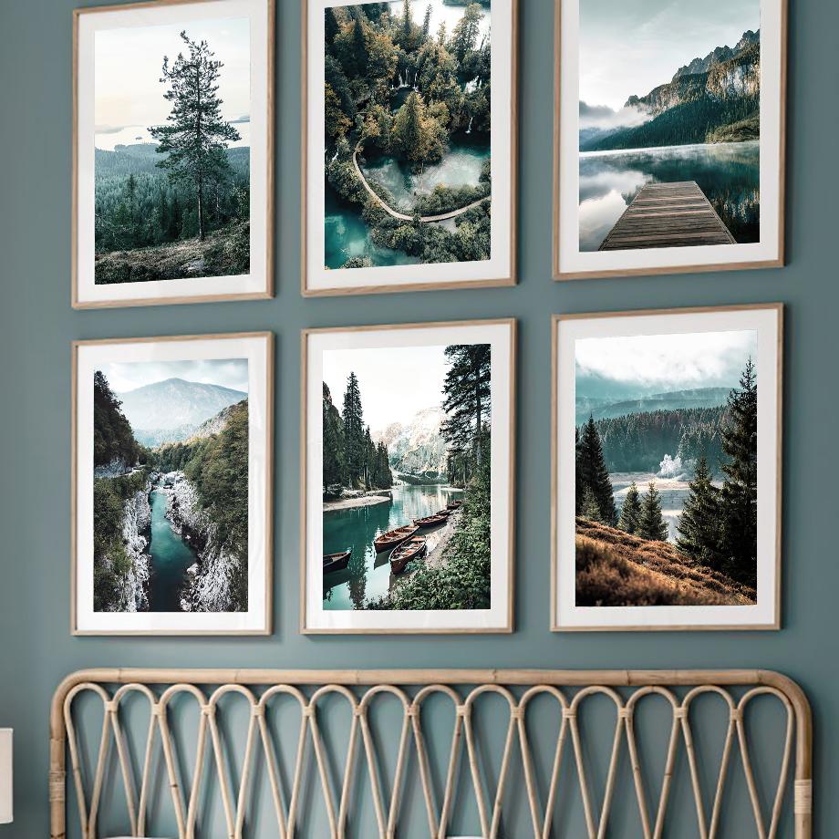 Настенная картина на холсте, зеленое озеро, лес, снежная гора, плакаты на скандинавскую тему и принты, настенные панно для гостиной, украшения дома