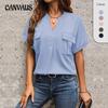 Летняя женская футболка с коротким рукавом, блузка, однотонная элегантная пригородная рубашка с v-образным вырезом и карманом