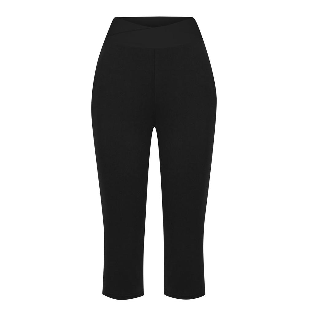 Women  Elastic High Waist 3/4 Pant Casual Active  Fit Wide Capris Leg Pants Trousers With Pockets