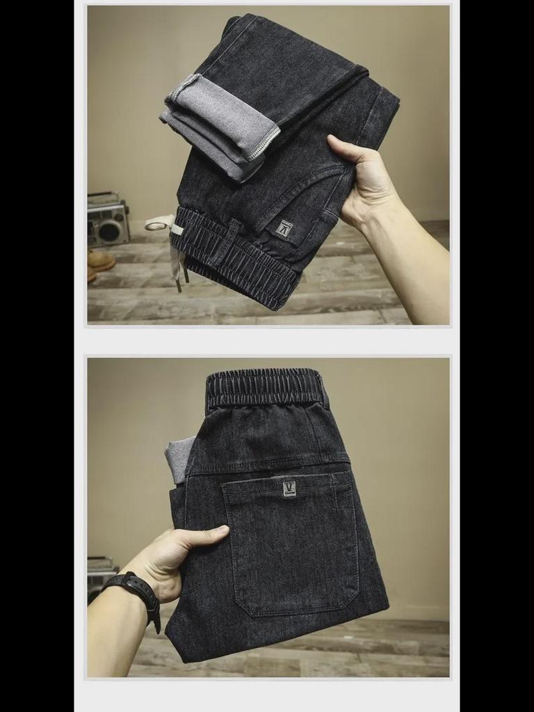 Мужские зимние узкие джинсы-шаровары с эластичным поясом и завязками на резинке — модные, не требующие глажки, повседневные, универсальные и свободного кроя.