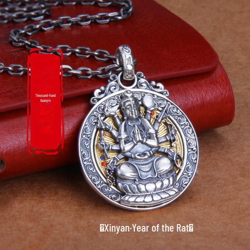 Ожерелье-амулет Будды из тайского серебра в стиле ретро с восемью богами-хранителями и мантрой из шести символов