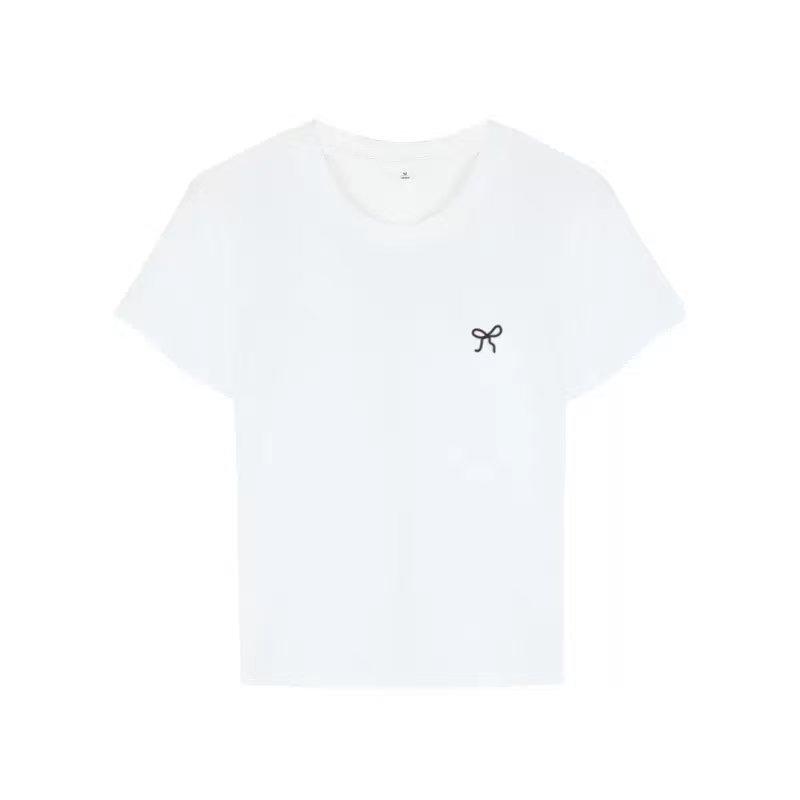 Женская футболка с коротким рукавом и вышивкой в виде банта для лета, облегающая, с открытыми плечами, студенческая, с круглым вырезом, базовая футболка