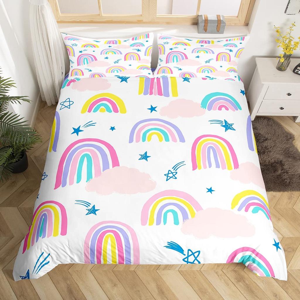 Lovely Rainbow Duvet Cover Sun Crown Cloud Rain Bedding Set Stick Figure Art Comforter Cover Kids Bedroom Polyester Quilt Cover