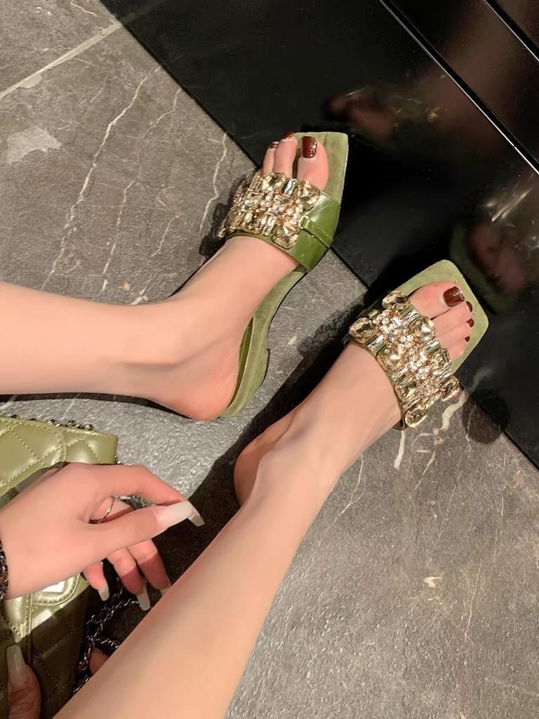 Sheepskin version~ French temperament rhinestone high-end sense with sandals women's summer wear versatile thick heel cool slippers