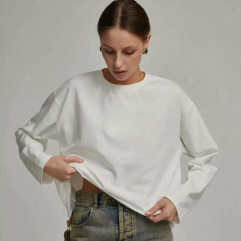Trendy 2025 Spring Mid-Length Retro Print Cotton Long-Sleeve T-Shirt