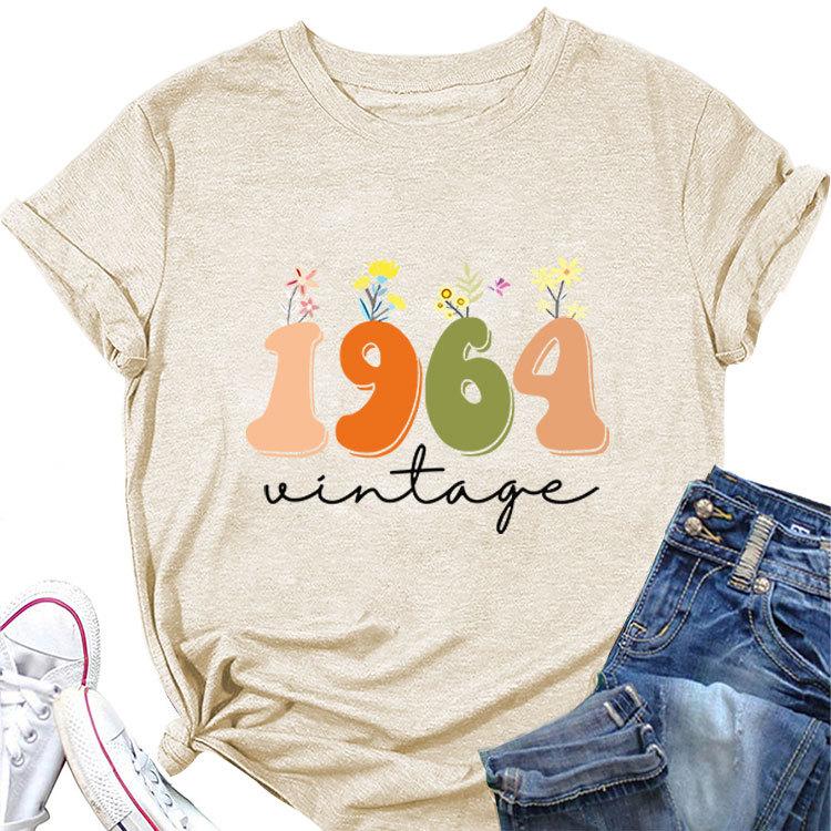 Casual Loose short sleeve Tshirt 1964 vintage printed Summer Ladies O neck fashion top