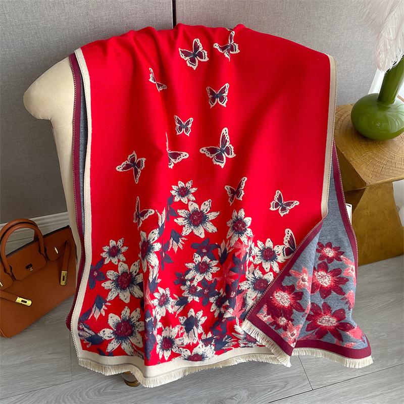 Elegant Celebrity Butterfly Flower Print Scarf Women's Thickened Warm Imitation Cashmere Scarf Double-sided Versatile Shawl