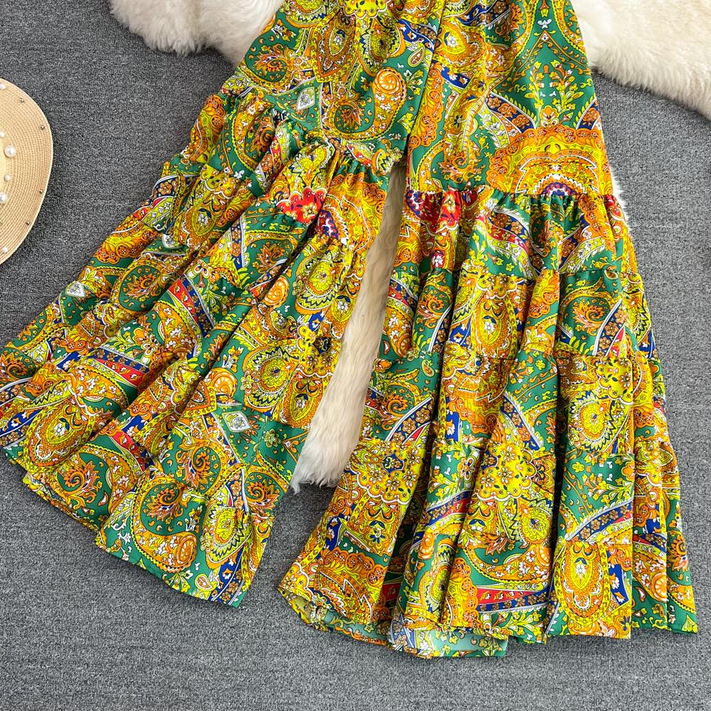 Summer Bohemian Vacation Beach Pants Elegant High Elastic Waist Wide Leg Printed Trouser Casual Flare Fladas New Fashion