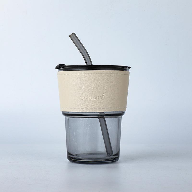 Vertical Pattern Bamboo Cup Glass Transparent Household Striped Water Cup Office Straw Cup with Lid Ins Style Coffee Cup