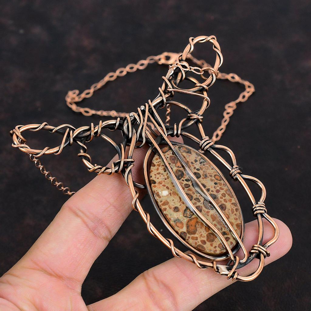 Ожерелье с астероидом Яшма, обернутое медной проволокой, Ожерелье ручной работы из натуральных драгоценных камней, Ожерелье с регулируемой цепочкой, Медные украшения, Подарки для жены