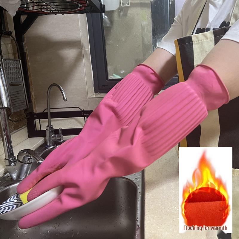 Очень длинные латексные перчатки для мытья посуды с флисовой подкладкой - Прочные, утолщенные резиновые для уборки дома