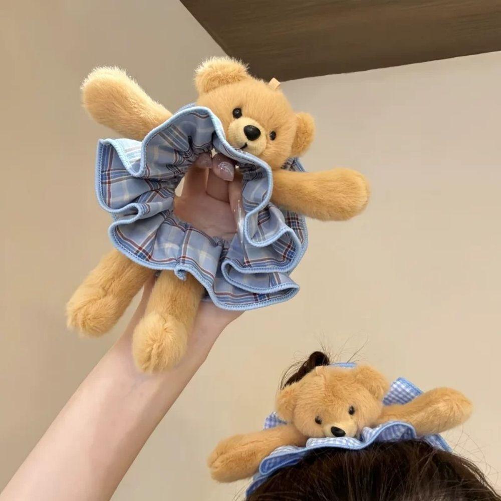 Scrunchie Hair Accessory Teddy Bear Hair Ring Plaid Plush Hair Band Ear Fluffy Ponytail Holder