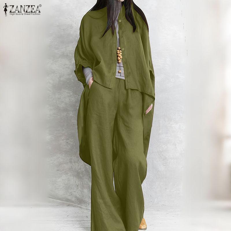 ZANZEA Женские комплекты из двух предметов: блузка с длинным рукавом и длинные брюки, повседневные