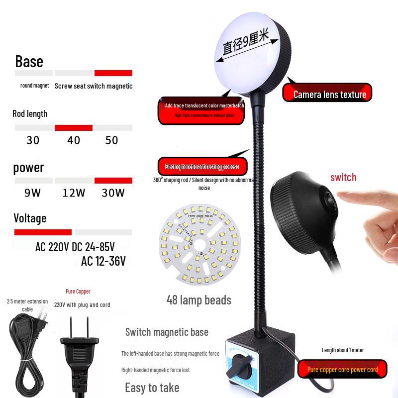 220V LED Work Light with Magnetic Base for Lathe, Punch Press, Injection Molding, and 24V Equipment